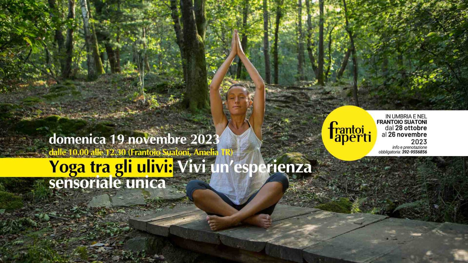 Donna che fa yoga in un bosco durante evento Frantoi Aperti in Umbria